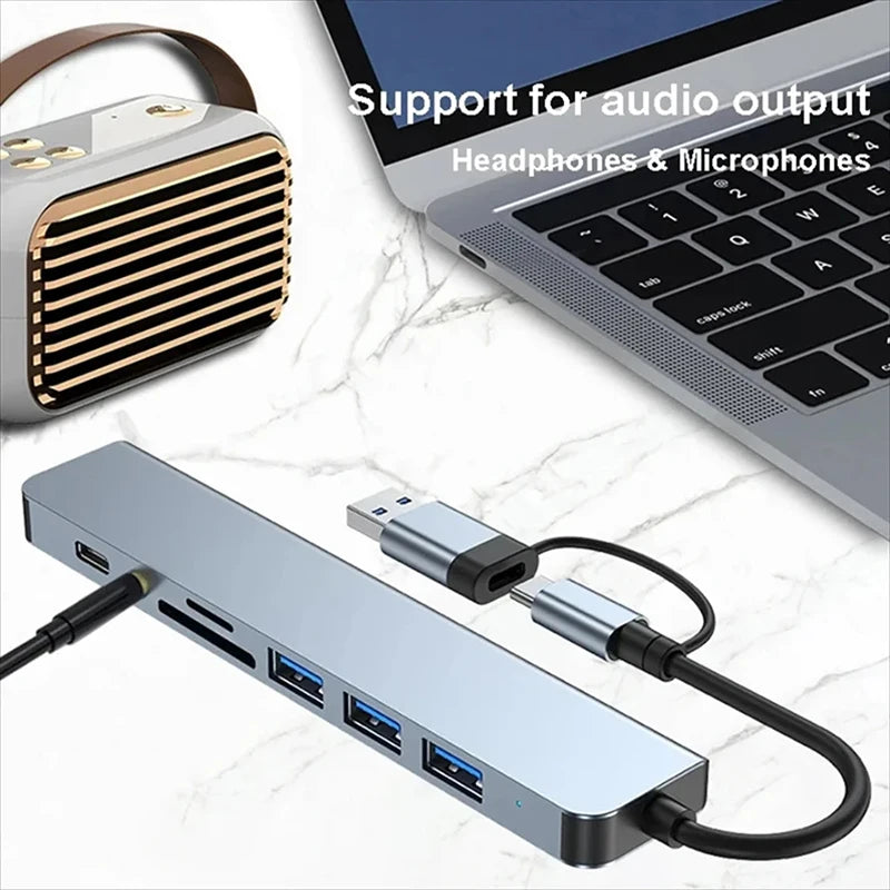 Hub USB-C 8 în 1 – Extindere Porturi și Cititor Carduri