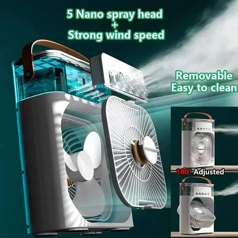 Mini Răcitor de Aer 3 în 1 – Ventilator, Umidificator și Lumină LED