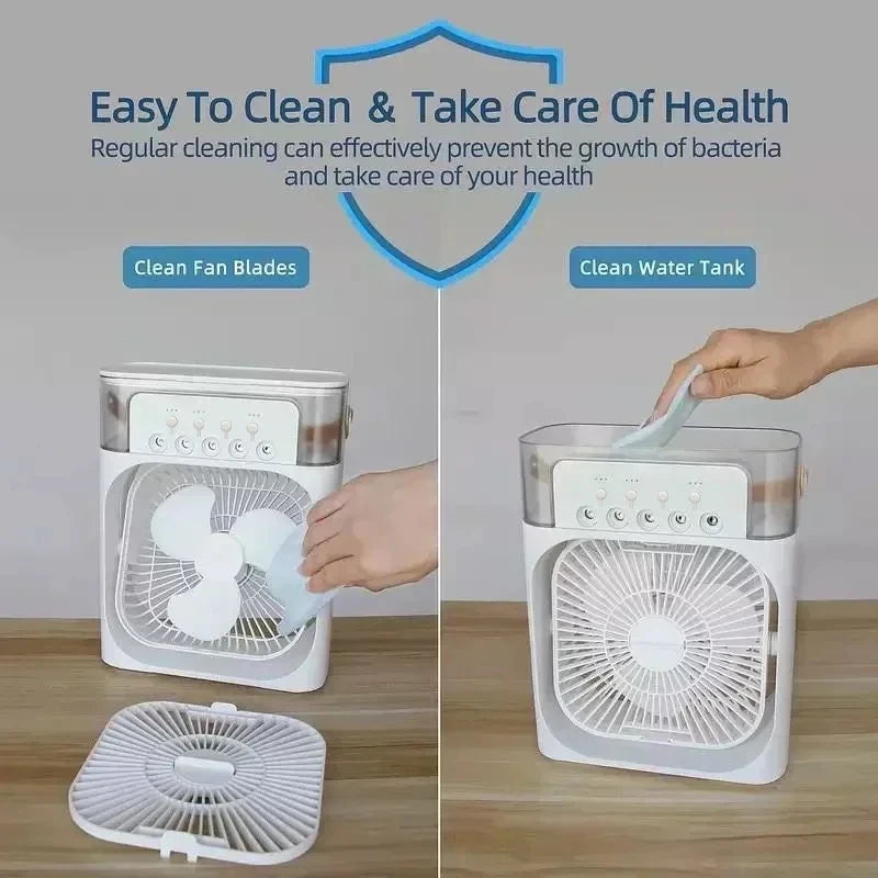 Mini Răcitor de Aer 3 în 1 – Ventilator, Umidificator și Lumină LED