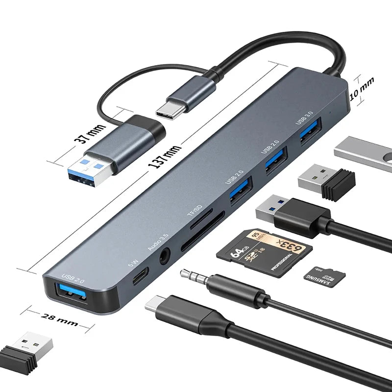 Hub USB-C 8 în 1 – Extindere Porturi și Cititor Carduri