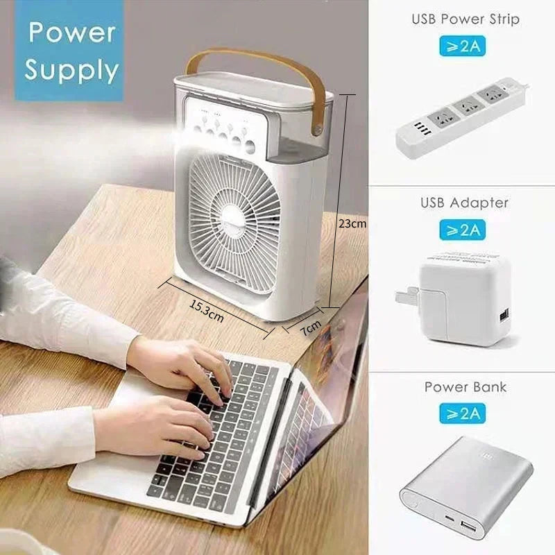 Mini Răcitor de Aer 3 în 1 – Ventilator, Umidificator și Lumină LED