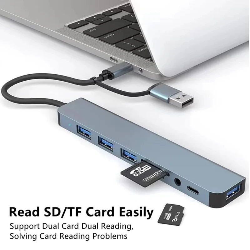Hub USB-C 8 în 1 – Extindere Porturi și Cititor Carduri