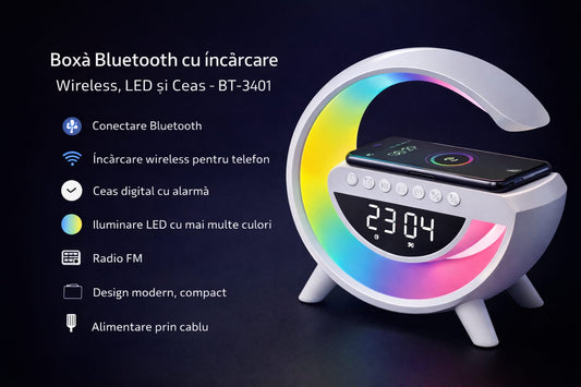 Boxă Bluetooth cu Încărcare Wireless, LED și Ceas – BT-3401